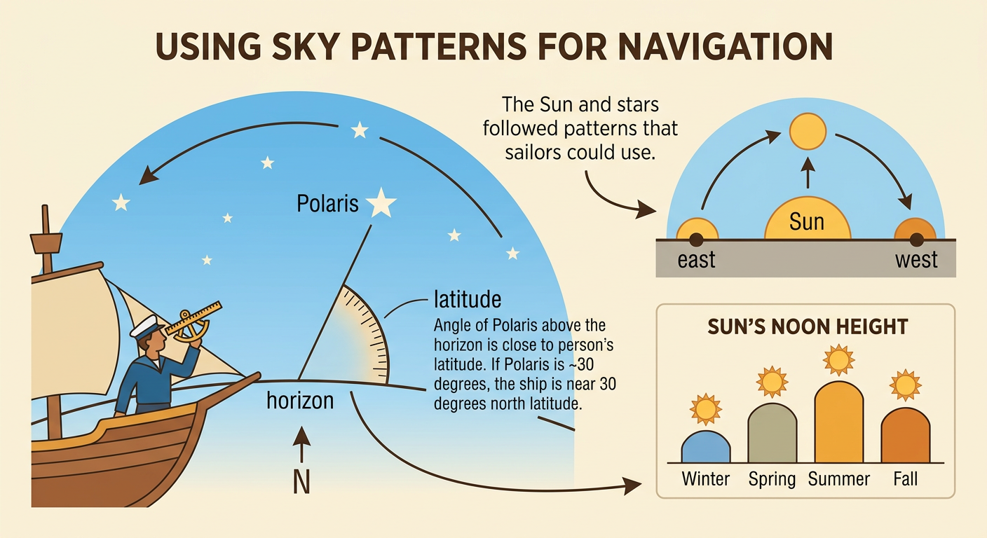 A sailor measures the angle between Polaris and the horizon to estimate latitude while the Sun marks east and west.