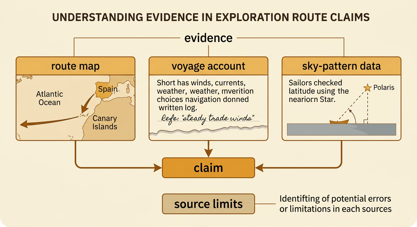 An evidence board combines a route map, voyage account, sky-pattern data, claim, and supporting evidence.