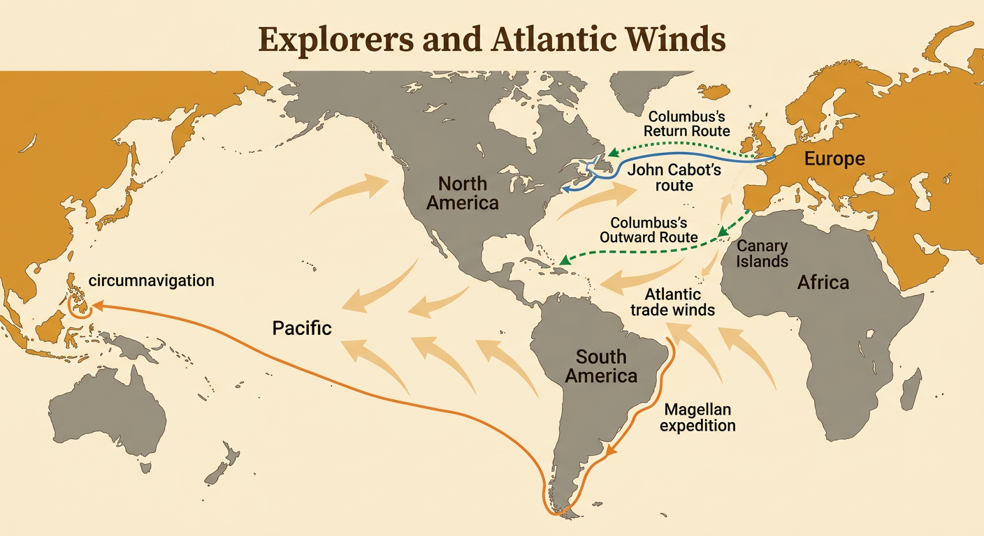 A world map traces the different Atlantic and Pacific routes of Columbus, Cabot, and the Magellan expedition.