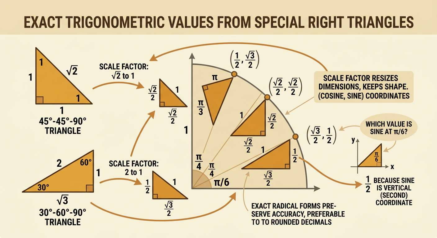 Two special right triangles inside a unit circle show the exact coordinates for π/6, π/4, and π/3.