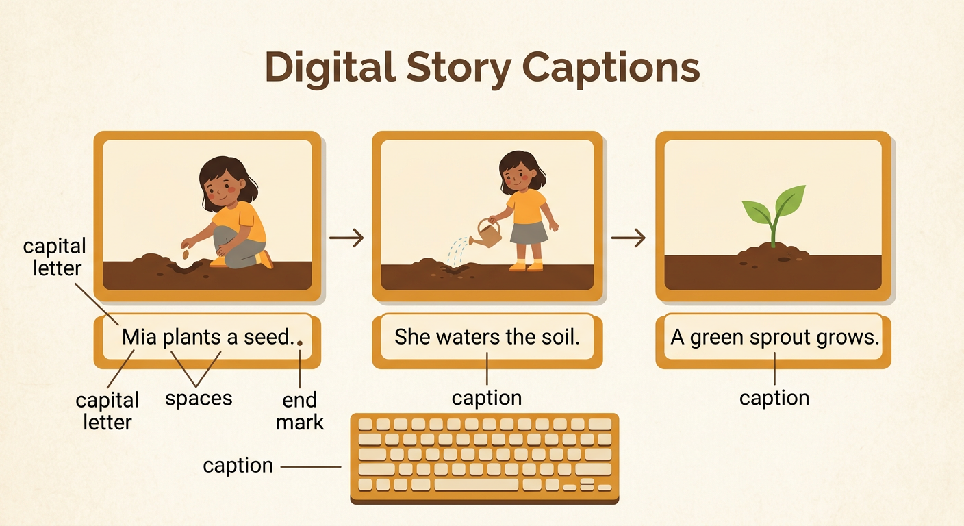 Mia’s planting scene has a short caption below it with its capital letter, spaces, and end mark clearly marked.