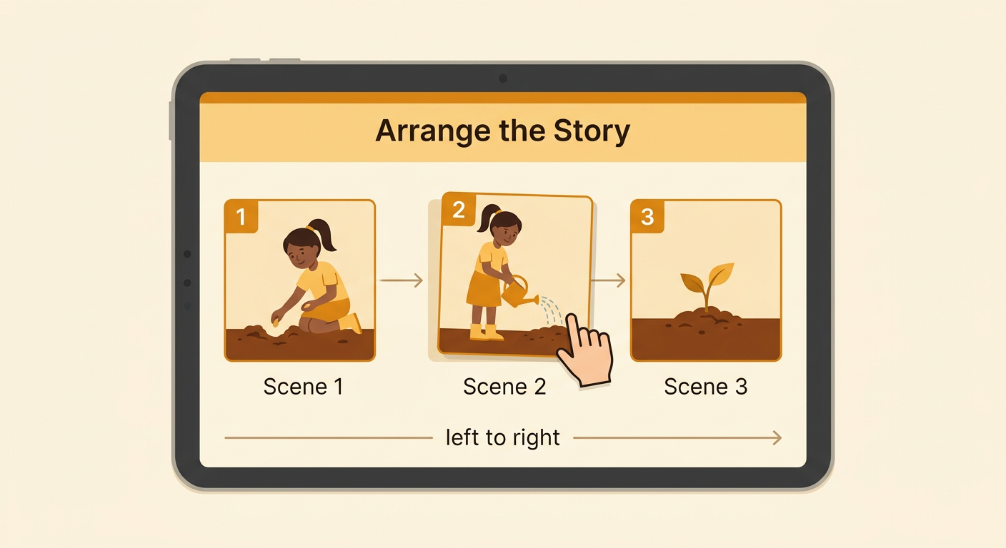 A digital workspace shows Mia’s three numbered scenes arranged from left to right with an arrow beneath them.