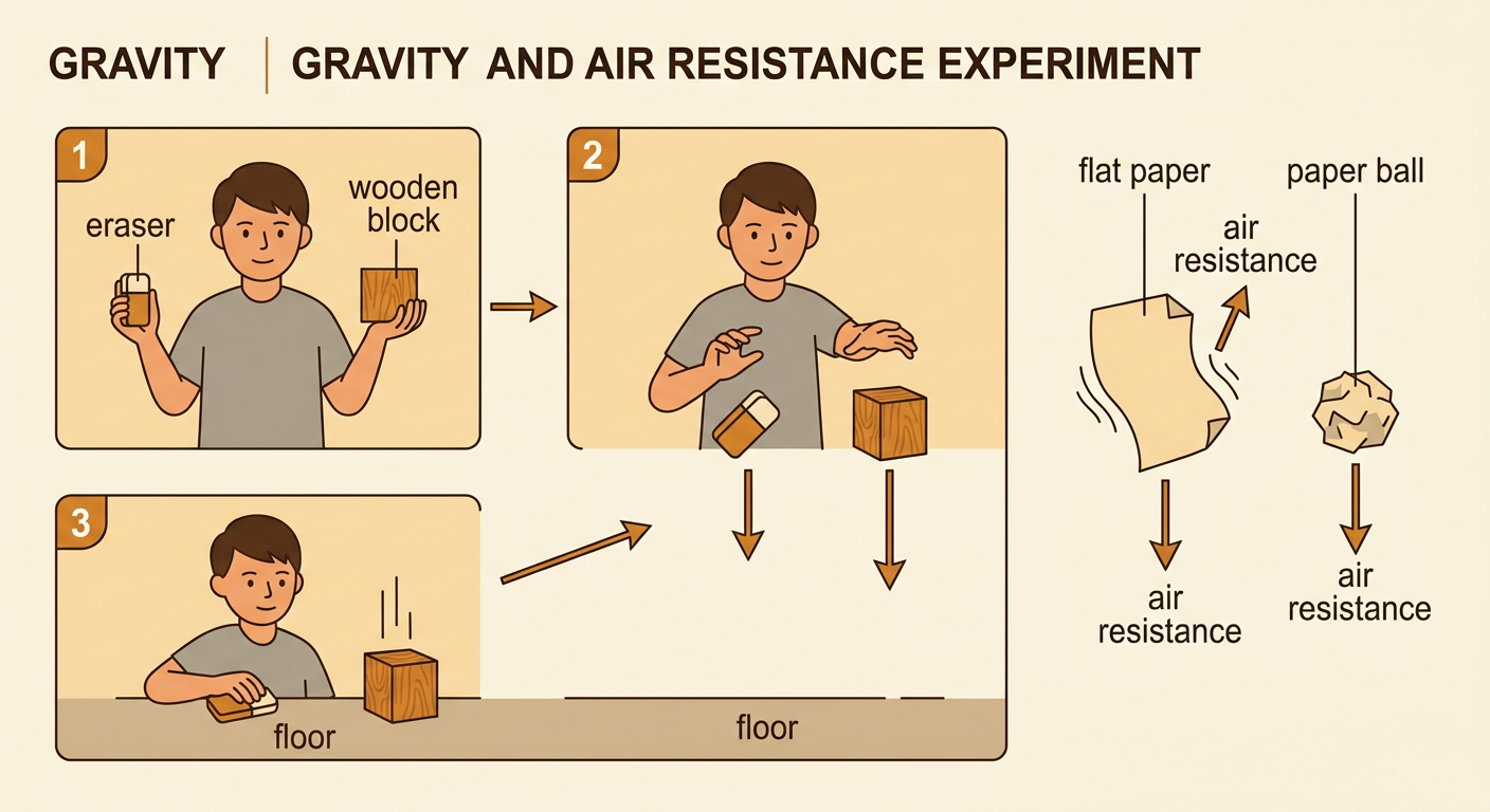 A side-by-side drop investigation shows an eraser and wooden block falling straight down while flat and crumpled paper fall differently toward the floor.