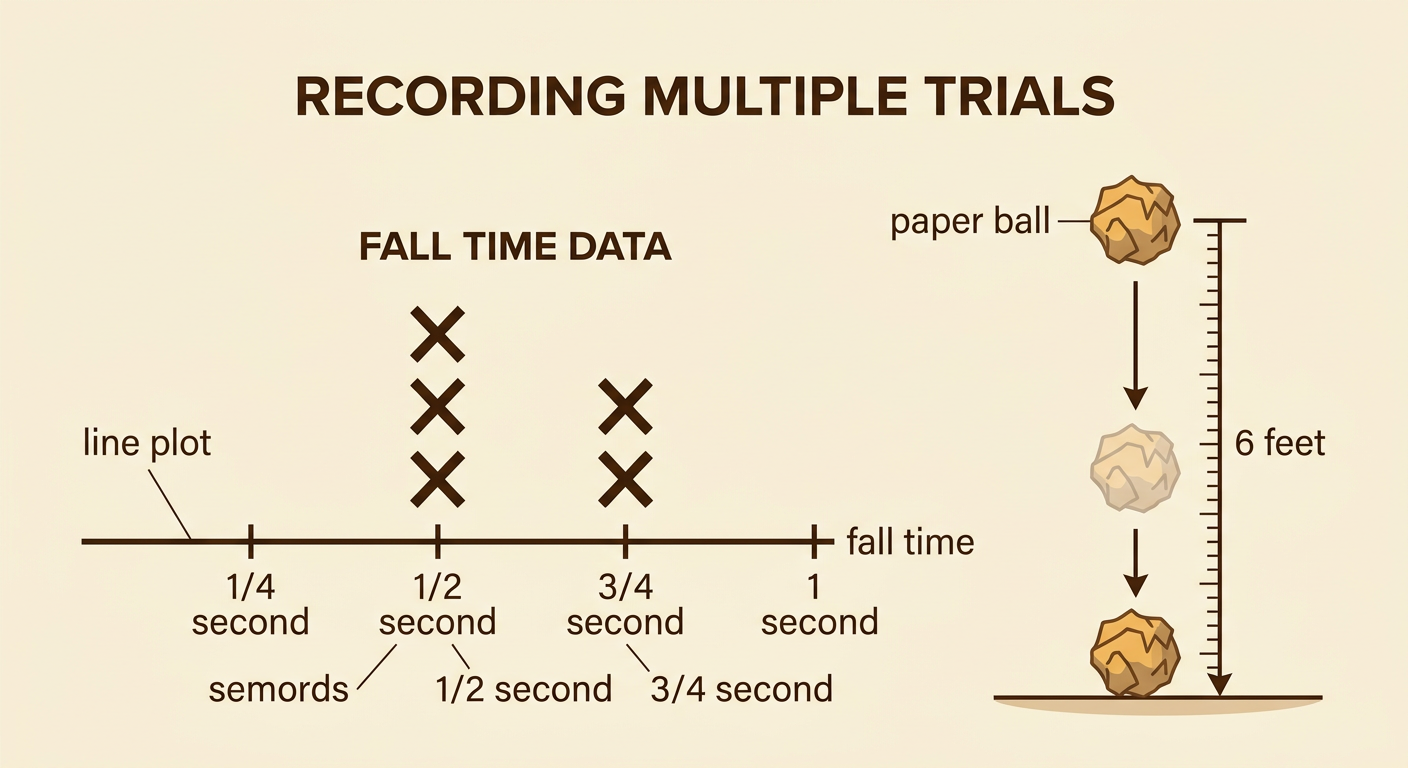 A paper ball drop from six feet appears beside a line plot with three Xs at one-half second and two Xs at three-fourths second.