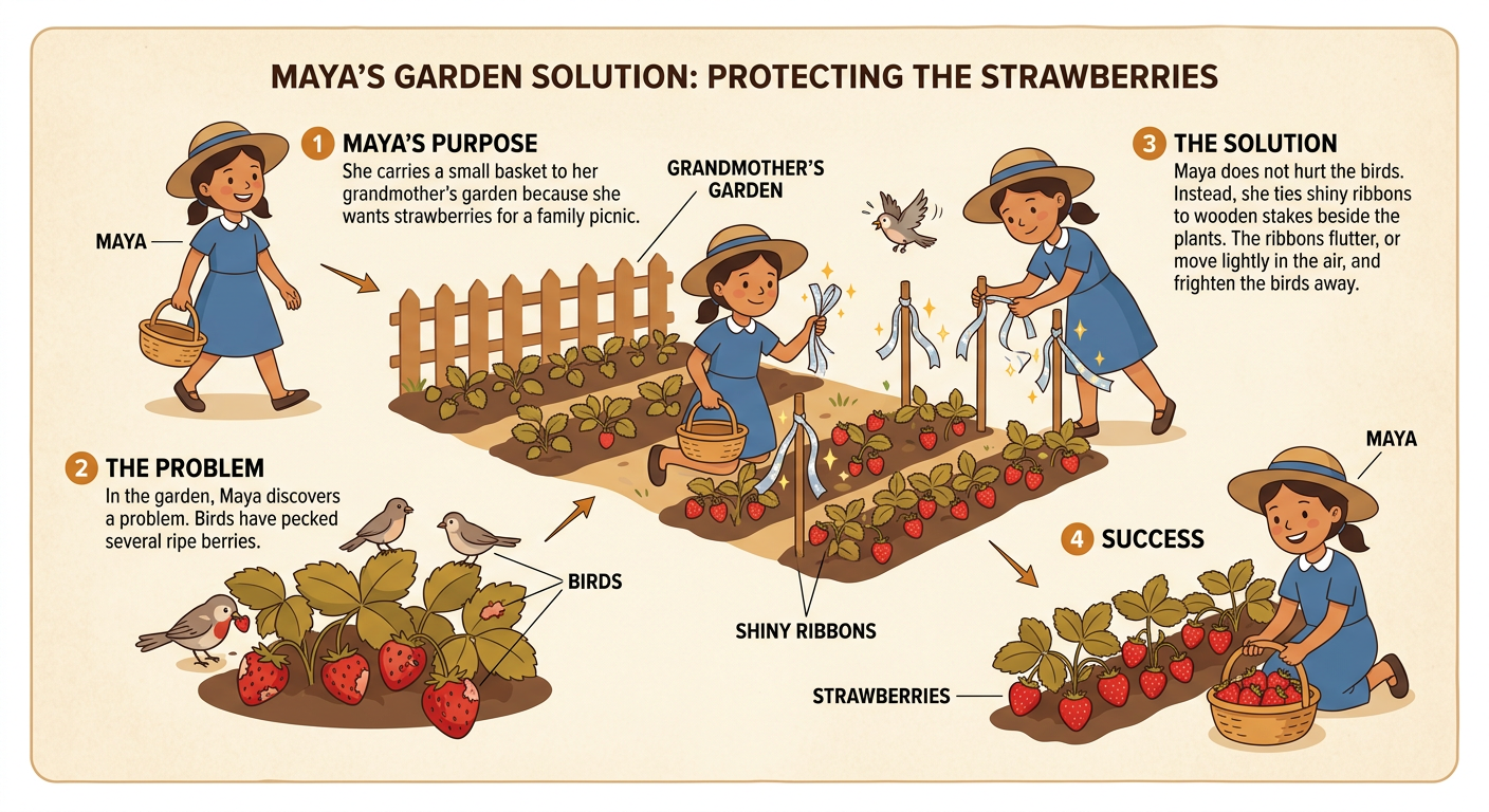 Maya uses shiny ribbons to keep birds away from strawberries in Grandmother’s garden.