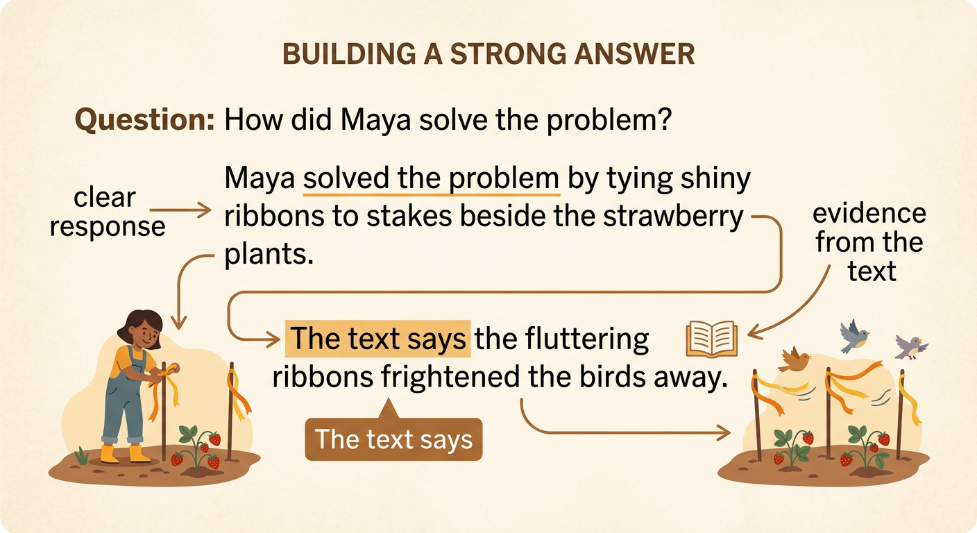 A two-part answer shows how Maya used shiny ribbons to keep birds away from strawberry plants.