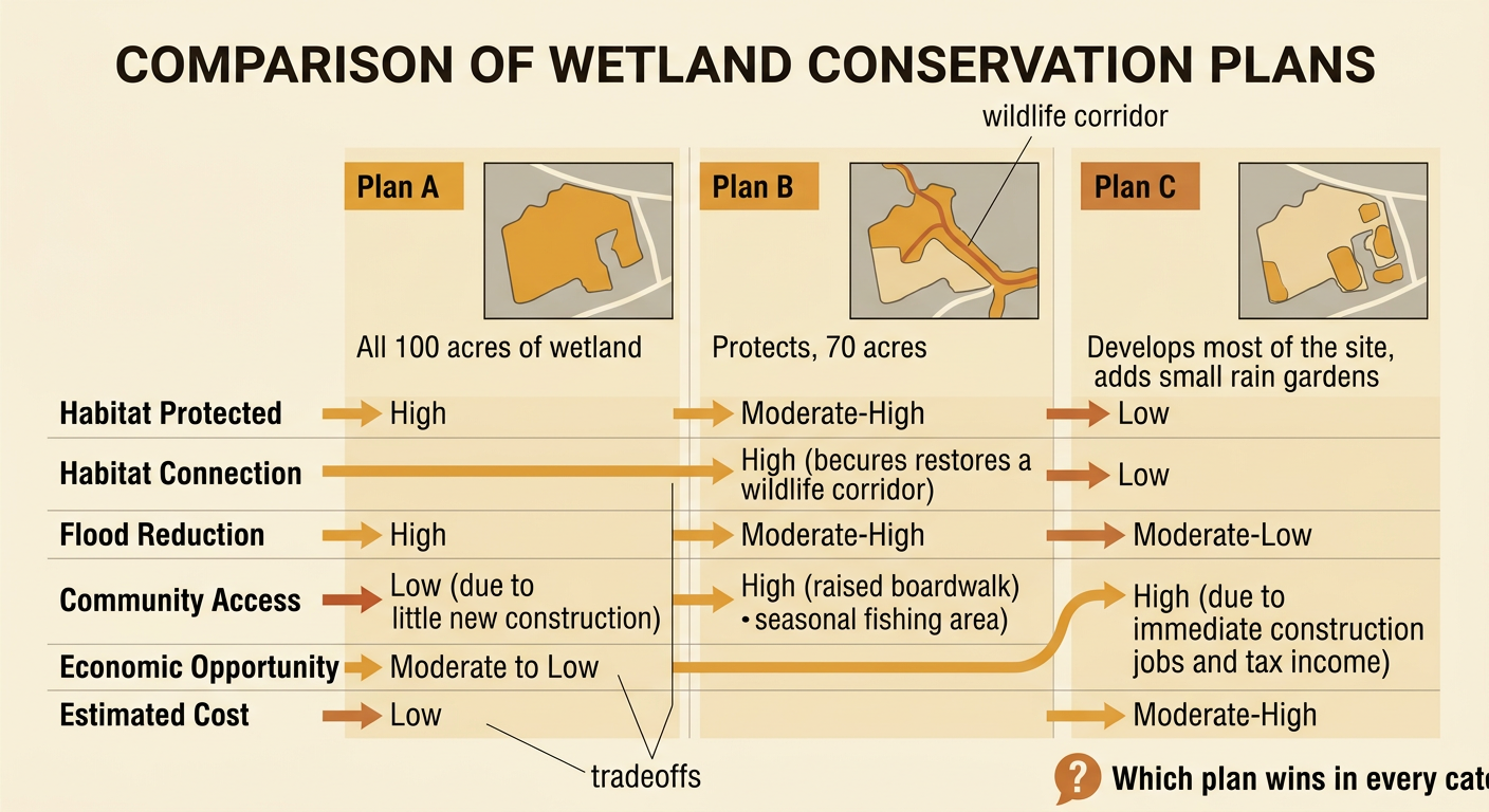 A side-by-side chart compares protected habitat, access, flood storage, and development under three wetland plans.