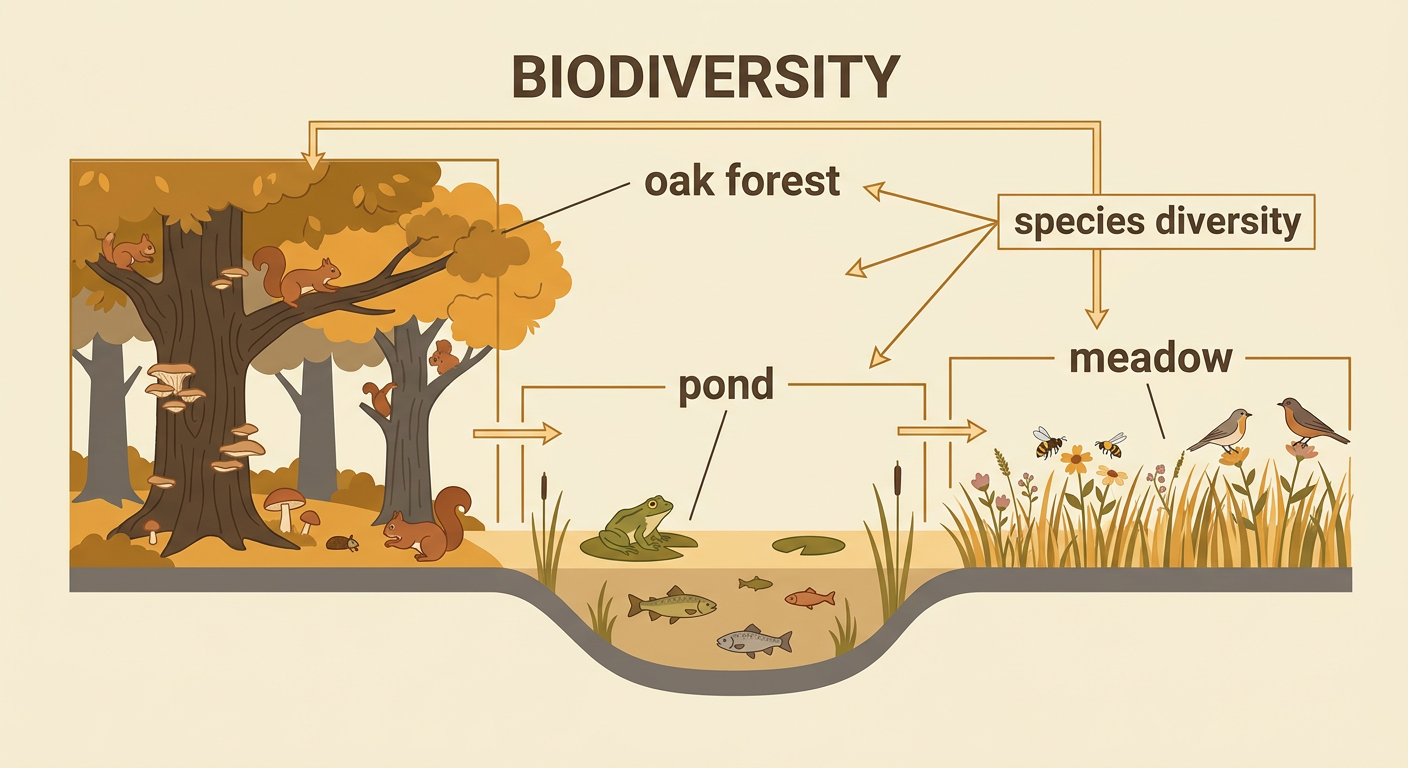 A community park shows three connected habitats filled with many different native organisms.
