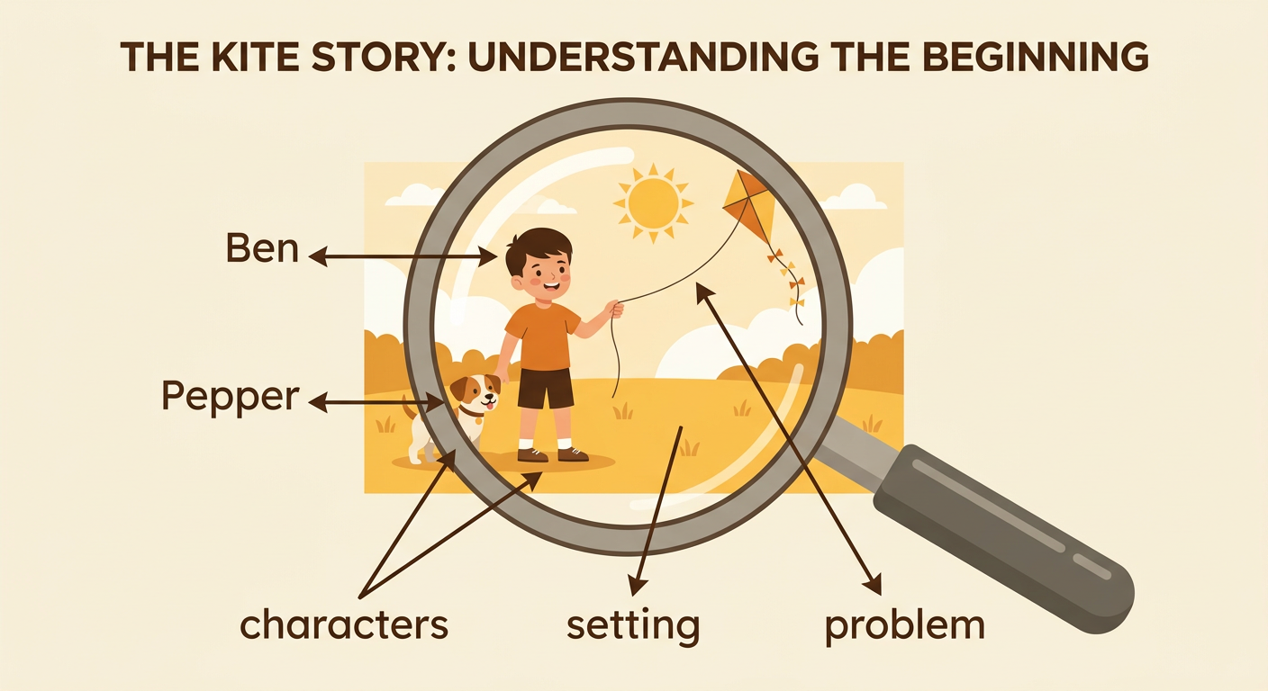 A story-opening diagram identifies Ben and Pepper in a field as the kite problem begins.