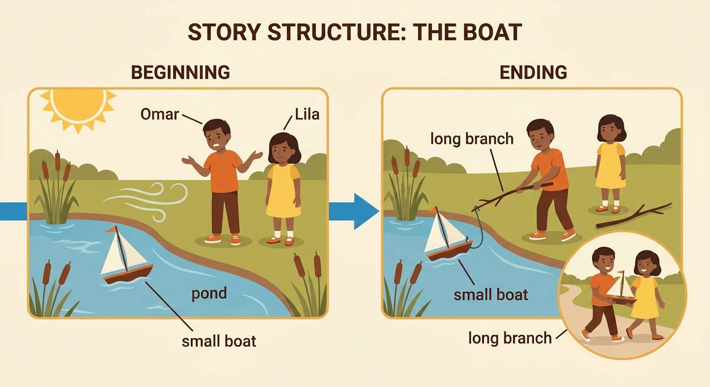 At a pond, Omar and Lila use a long branch to pull a small boat back to shore.