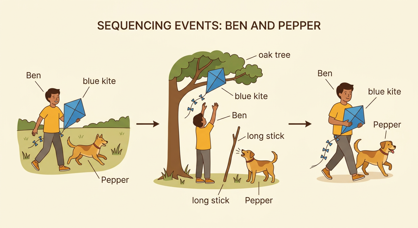 One illustrated story scene shows Ben and Pepper rescuing a blue kite from an oak tree with a long stick.