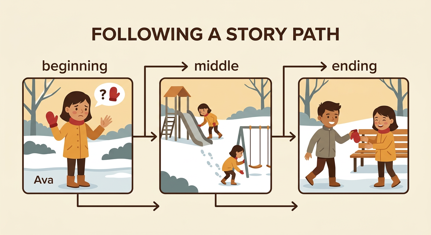 A three-part story path shows Ava losing, searching for, and getting back her red mitten.