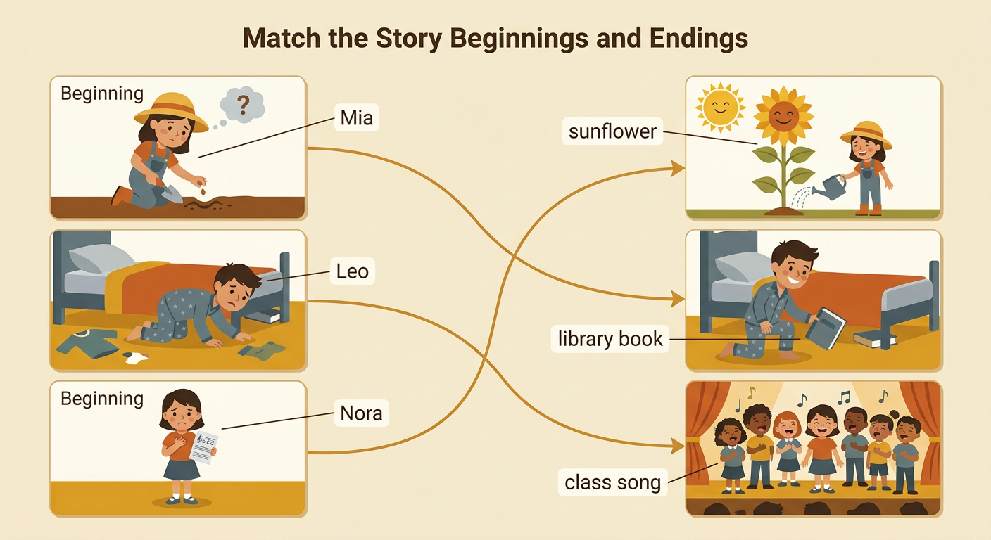 Three matching lines connect Mia to a sunflower, Leo to a library book, and Nora to a class song.