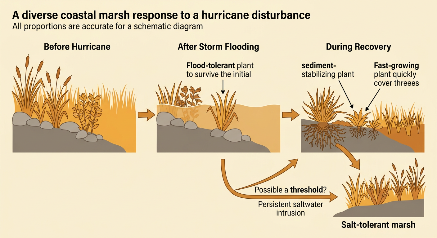 A coastal marsh after a hurricane shows three plant types maintaining different functions as saltwater enters the ecosystem.