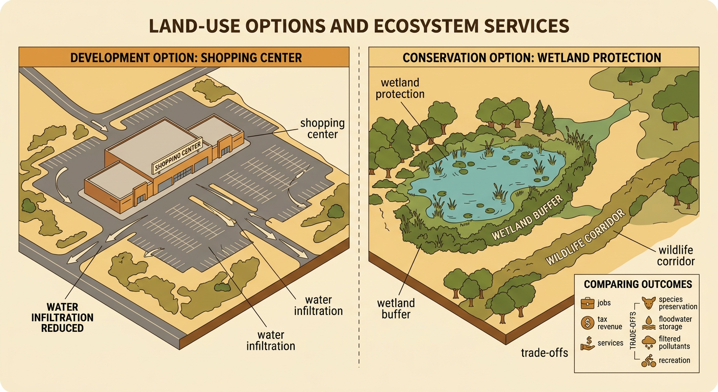 A county planning map compares a protected wetland, a shopping center, and limited development connected by habitat protections.