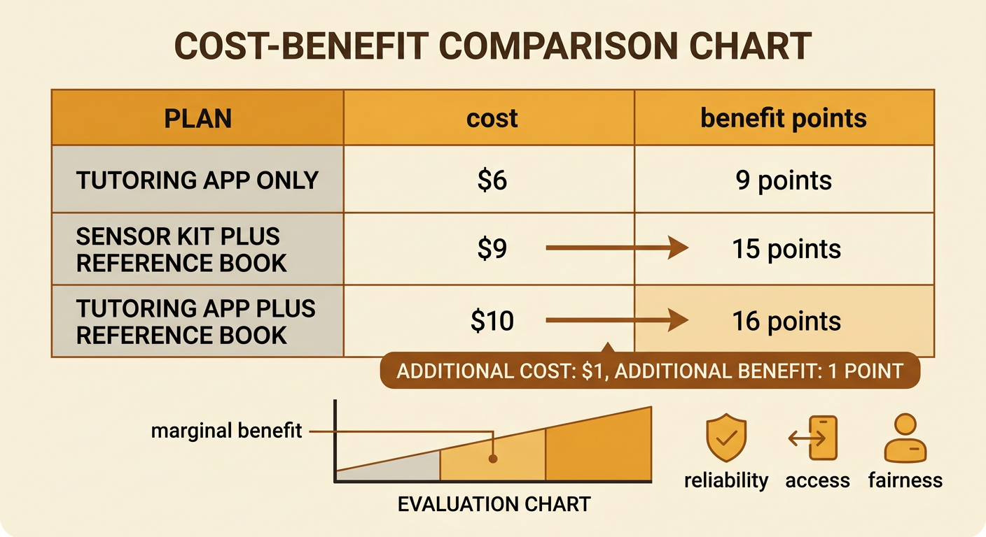 An evaluation chart compares the two plans by cost and benefit while showing reliability, access, and fairness as additional considerations.