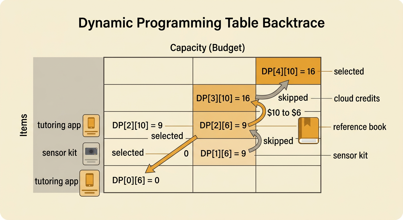Arrows trace backward through the table, marking the tutoring app and reference book as selected and the other resources as skipped.