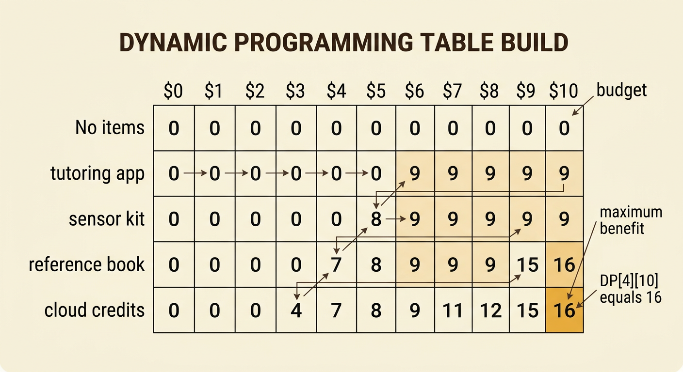 A completed dynamic programming table displays rows for all four resources and columns for budgets $0 through $10, with 16 highlighted.