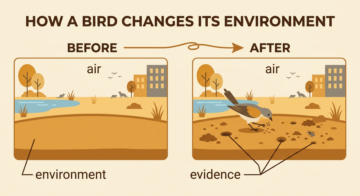 A bird scratches a soil patch, with smooth ground before and small holes and loose dirt after.