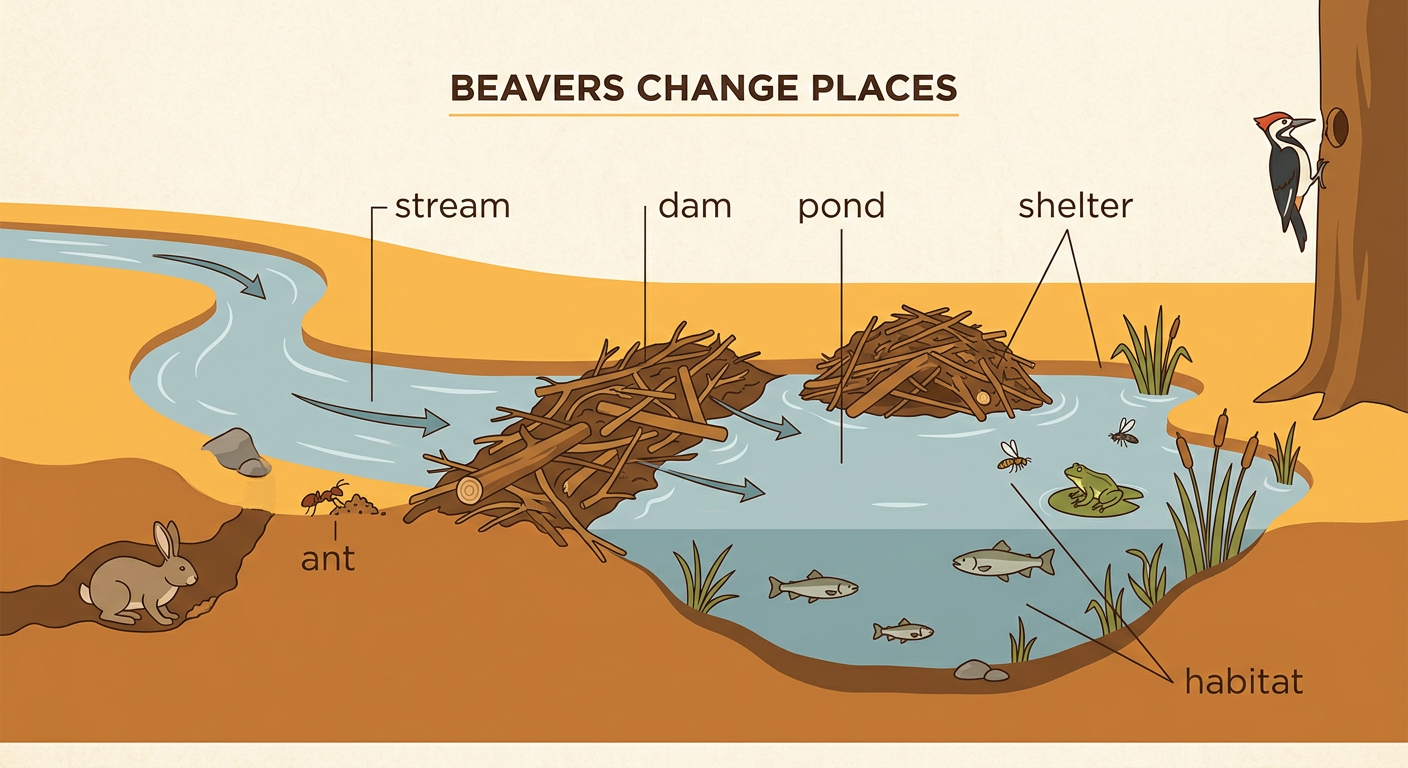 Beavers build a dam of branches and mud across a stream, creating a pond where frogs, fish, insects, and plants live.