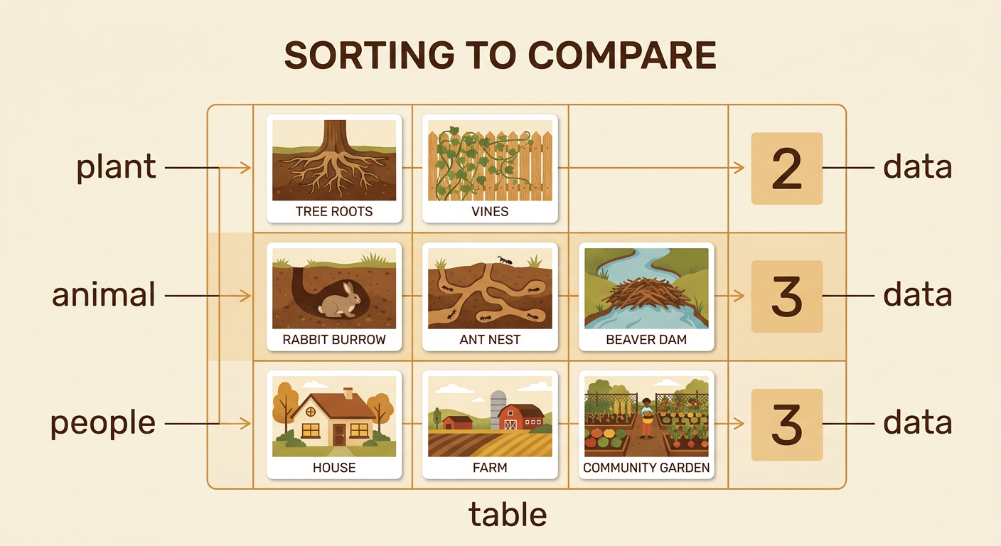 Eight picture cards are sorted into a table with two plant examples, three animal examples, and three people examples.