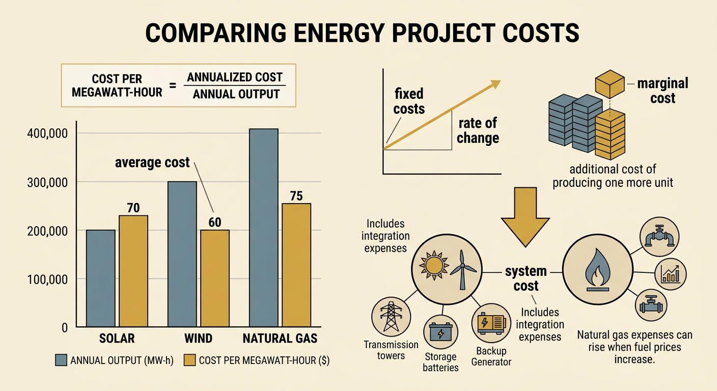 A cost-and-output graph compares three projects by average cost and highlights additional system expenses.