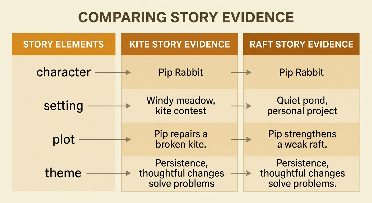 A two-column comparison chart organizes details from the kite story and raft story into four labeled rows.