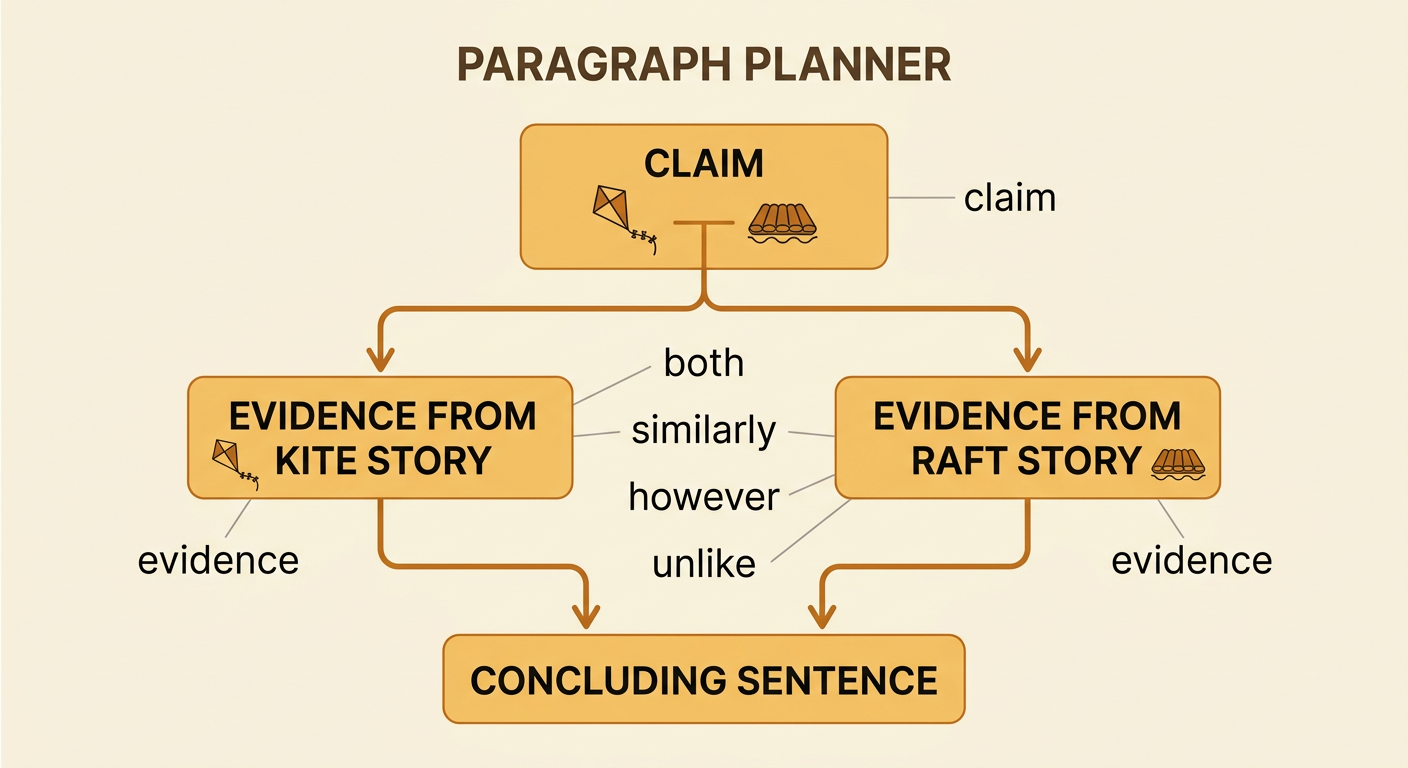 A completed comparison paragraph uses color-coded linking words to connect evidence about the two Pip stories.