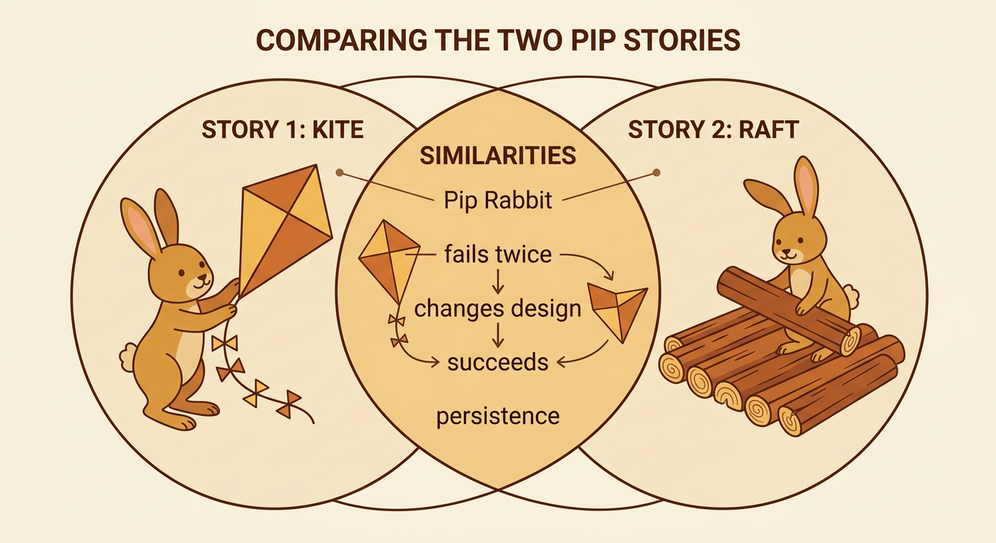 A flow diagram shows Pip Rabbit failing twice, changing each design, and succeeding with both the kite and the raft.