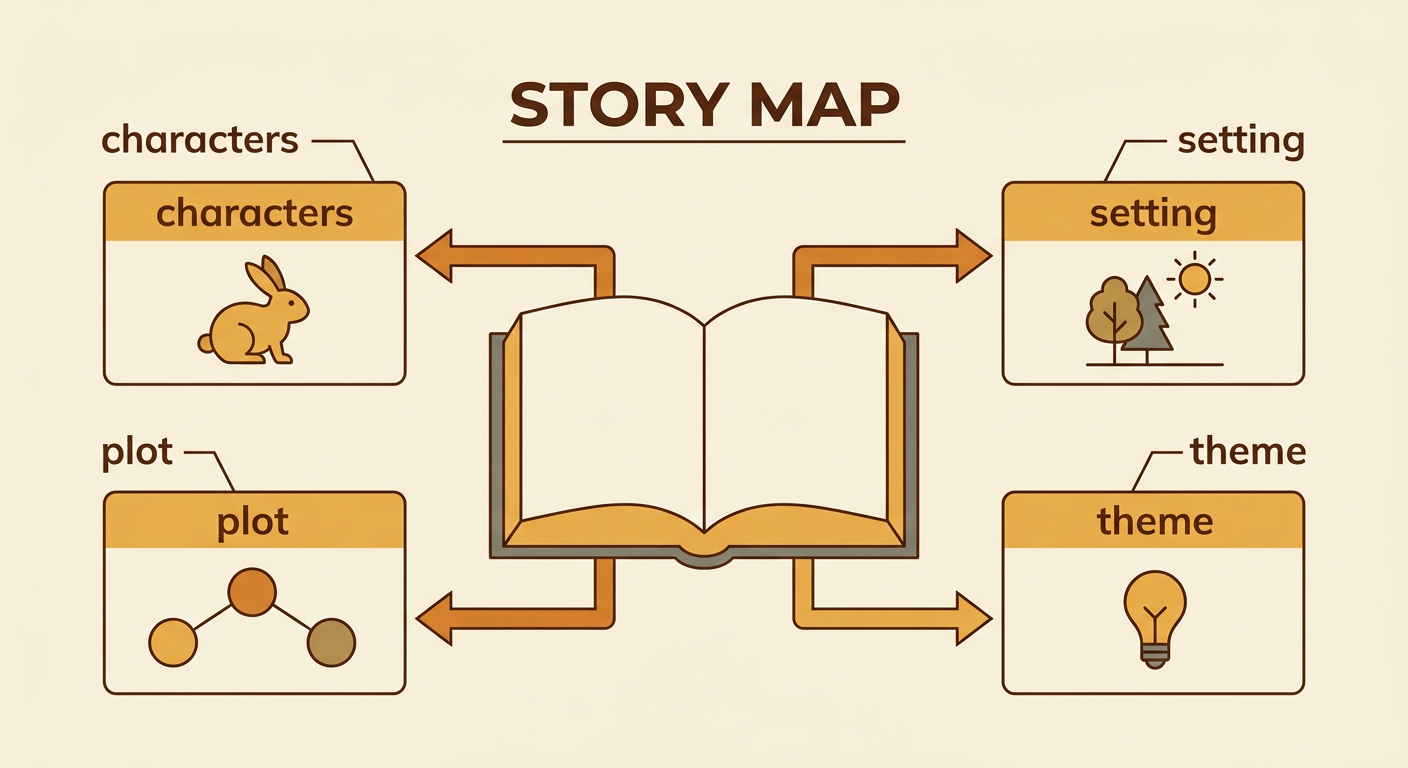 A story map shows a rabbit in a sunny spring forest surrounded by the four main story elements.