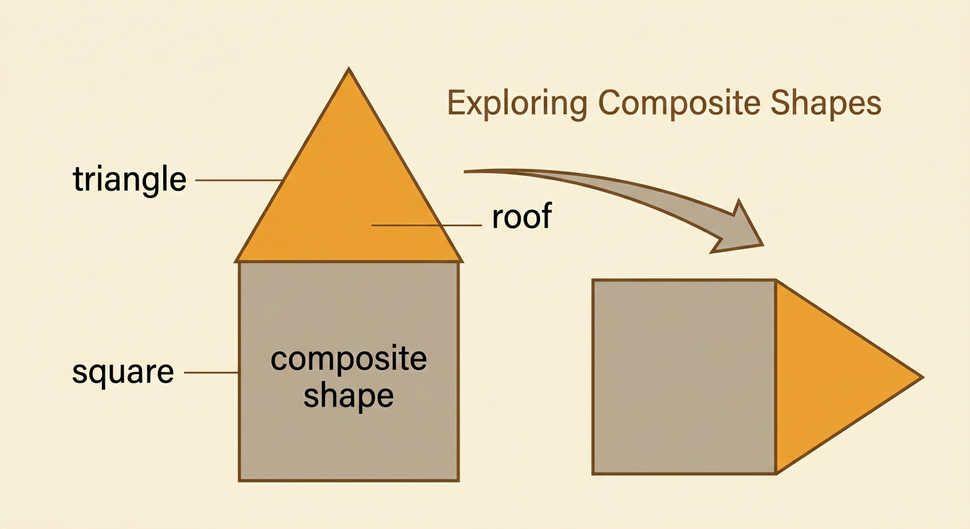 A triangle sits above a square like a roof on the front of a house, with an alternate placement shown beside it.
