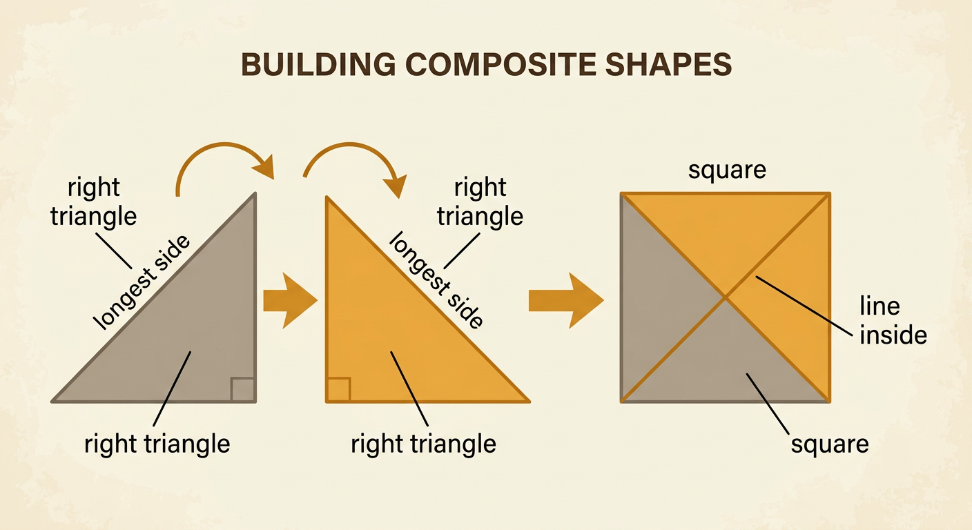 Two matching right triangles touch along their longest sides to form a square with a line through the middle.