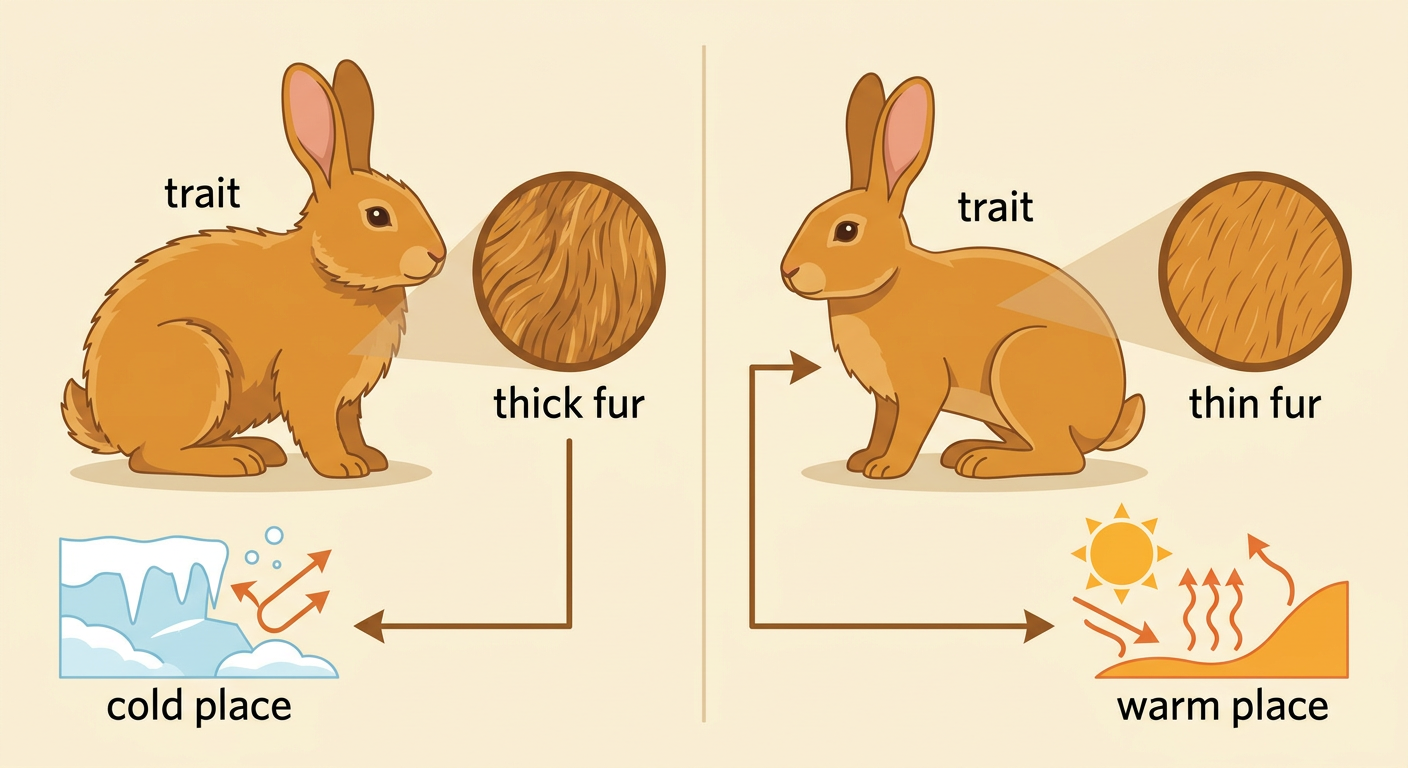 Two rabbits stand side by side, one with thick fur in snow and one with thin fur on warm grass.