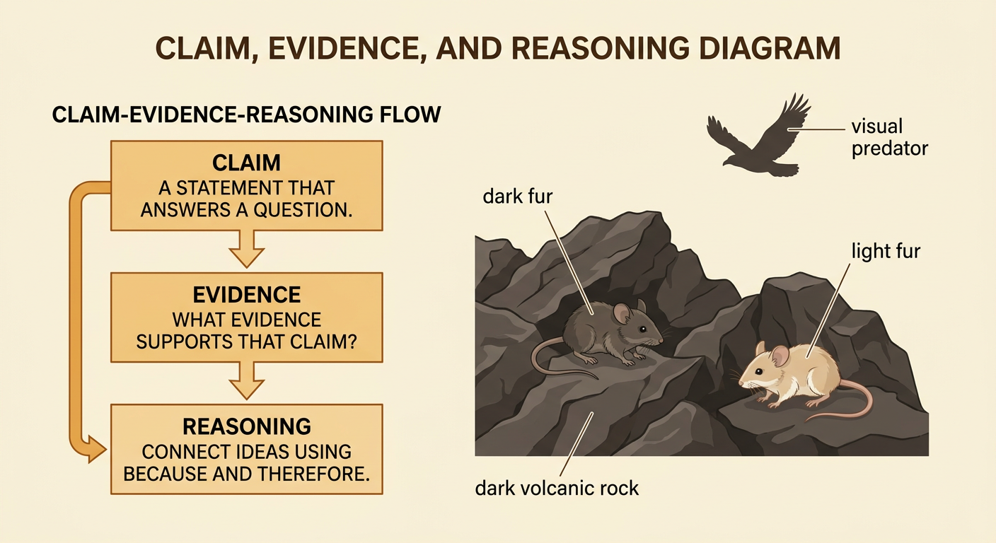 A dark mouse and a light mouse sit on dark volcanic rock while a hunting bird looks down.
