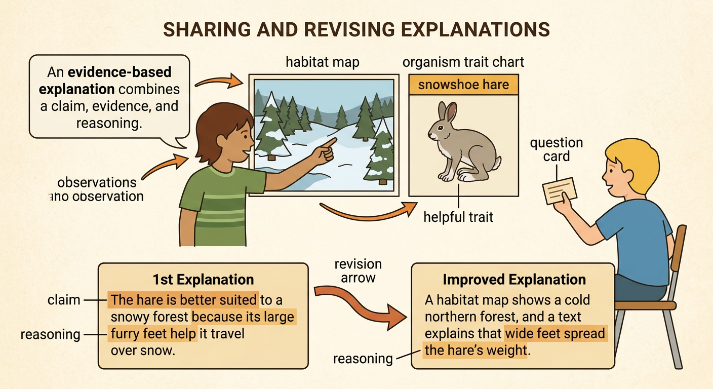 A student presents a snowshoe hare survival explanation using a habitat map and an information card.