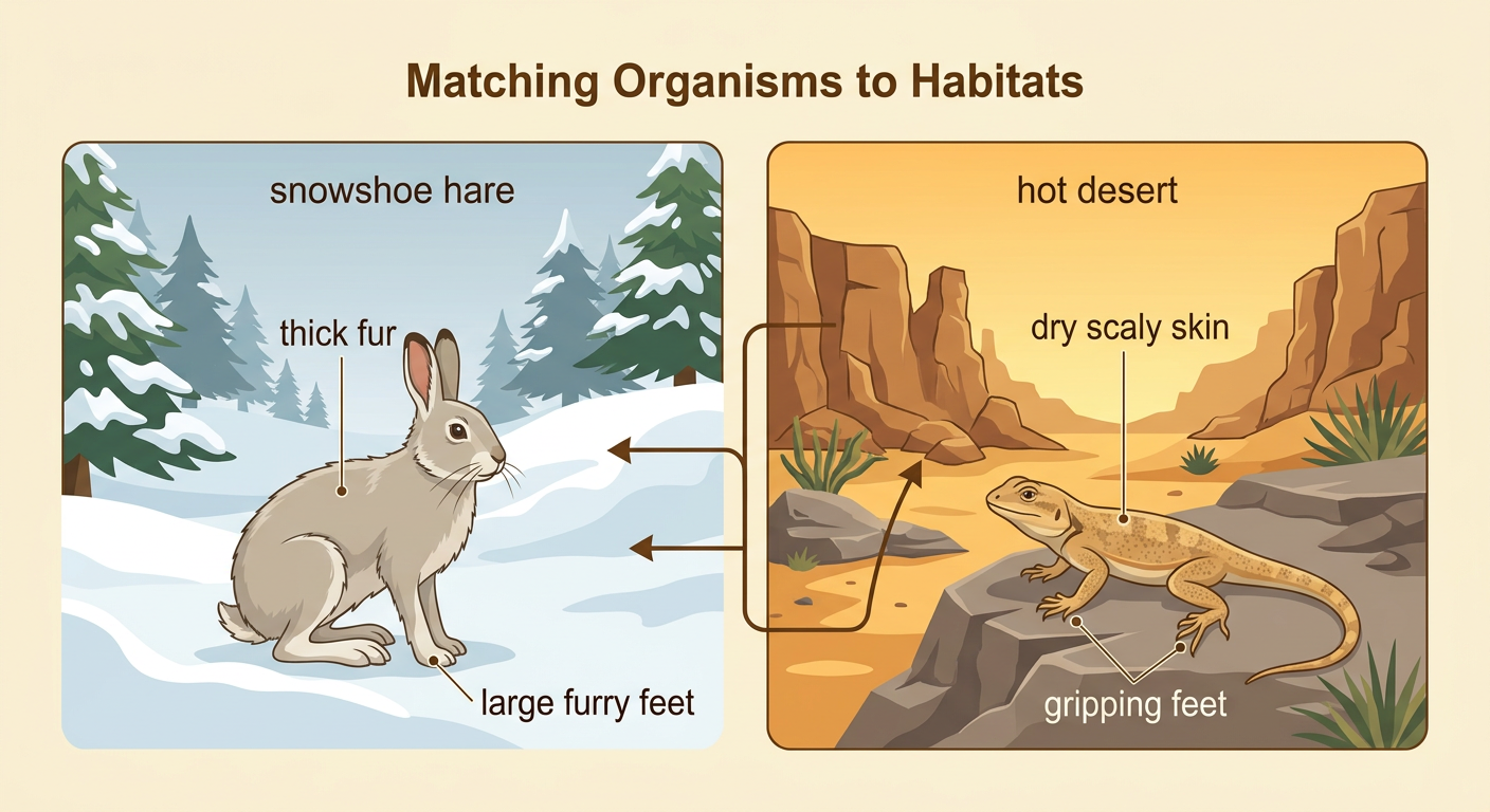 A snowshoe hare crosses deep snow while a scaly lizard grips dry desert rock.