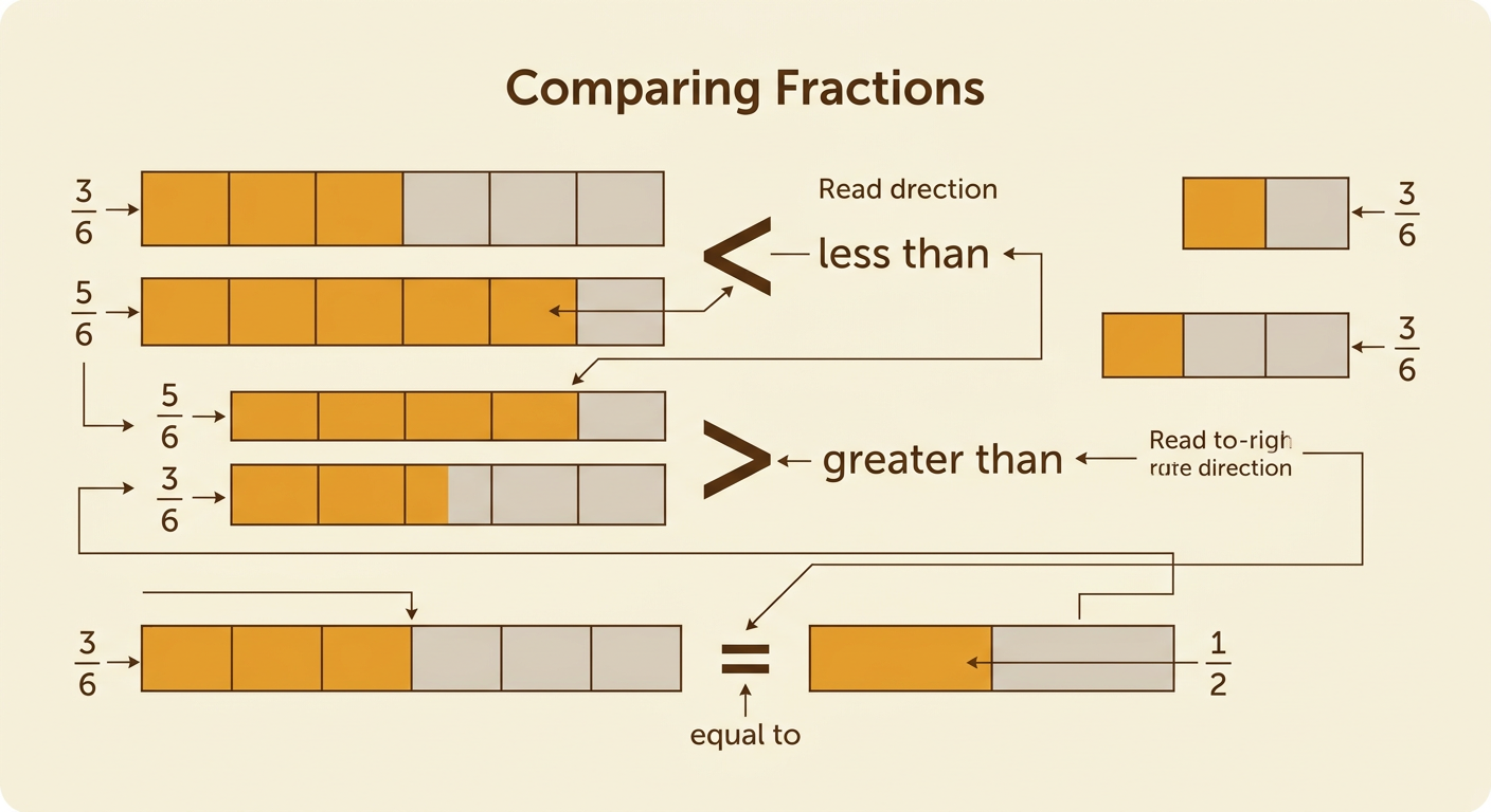 Two fraction bars show 3/6 and 5/6 beside the three comparison symbols, with 3/6 also matched to 1/2.