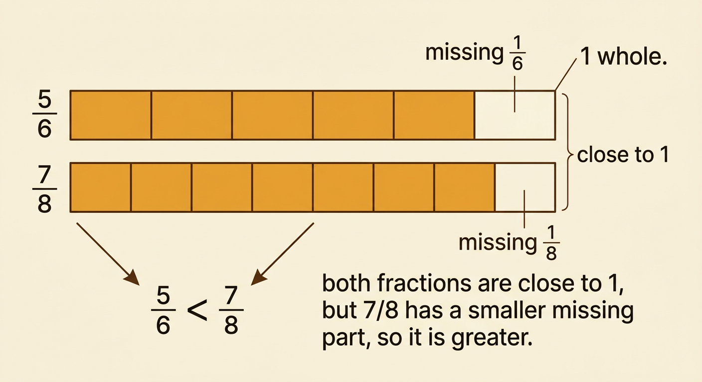 Two nearly full fraction bars show that 7/8 has a smaller missing part than 5/6.