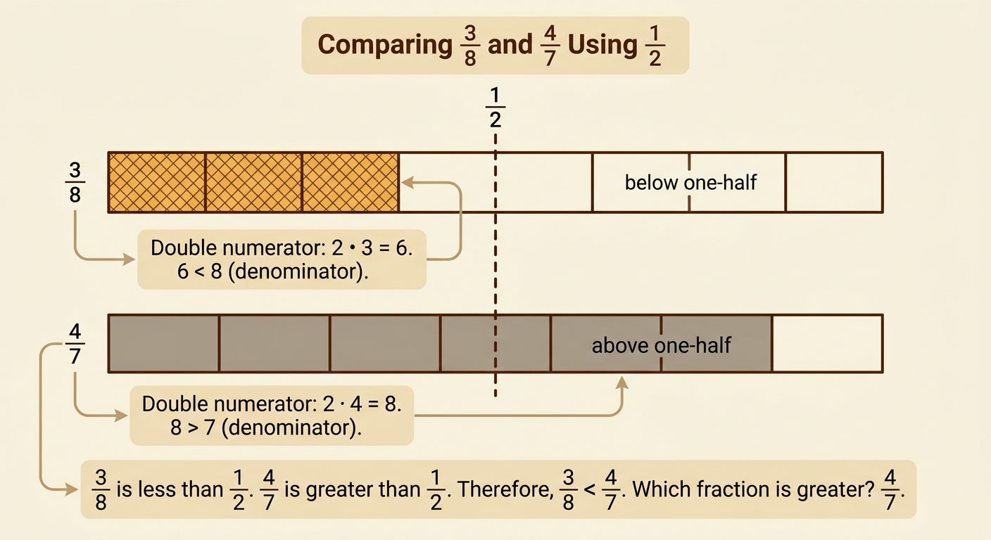 Two fraction bars compare 3/8 and 4/7 with a clear 1/2 reference on each whole.