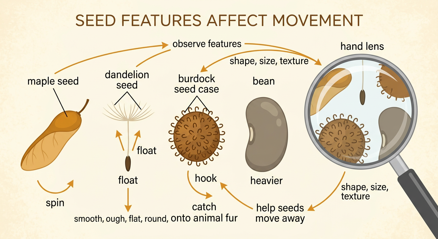 A hand lens rests beside a maple seed, dandelion seed, burdock seed case, and bean, showing their different features.