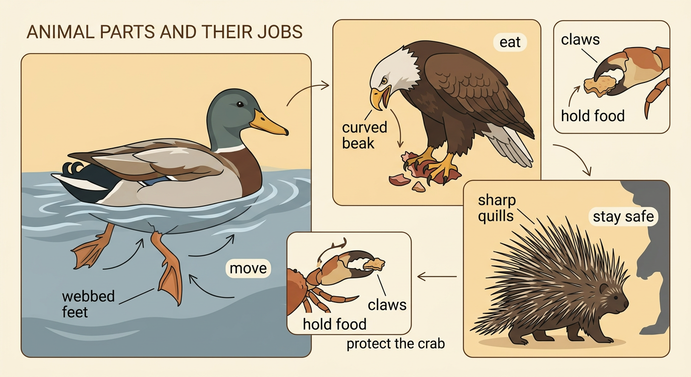 Four animal close-ups show a duck’s feet, an eagle’s beak, a porcupine’s quills, and a crab’s claws doing their jobs.