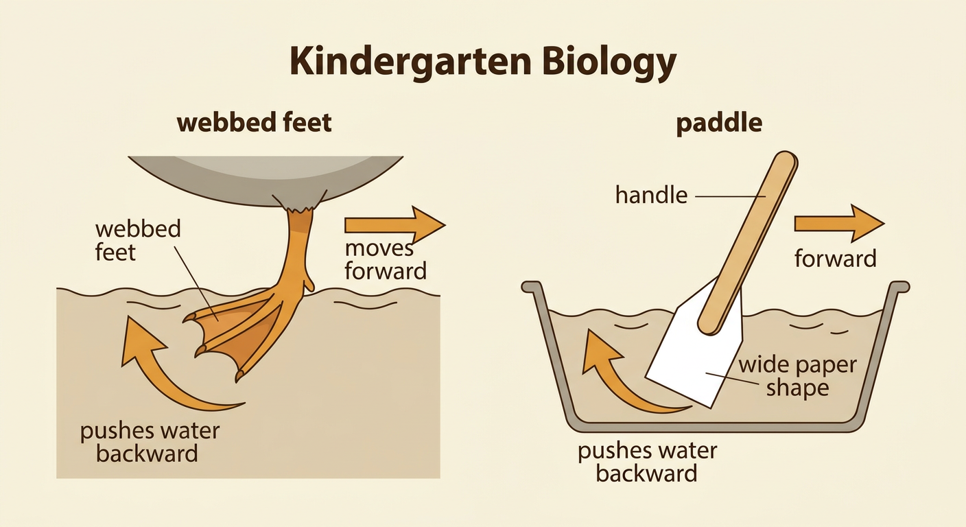 A duck’s webbed foot appears beside a simple labeled paddle made from a craft stick and paper.