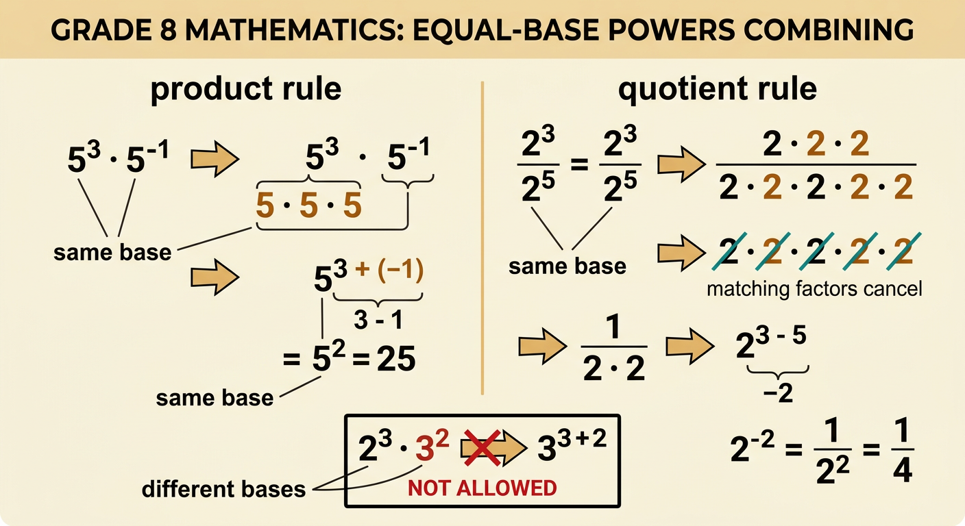 Two side-by-side examples show exponents being added for multiplication and subtracted for division when bases match.