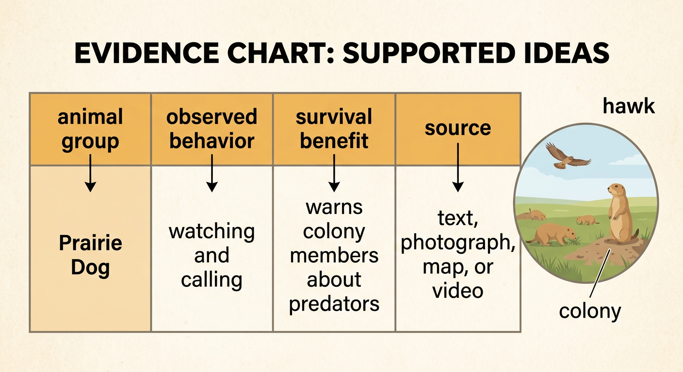 An evidence chart shows prairie dogs in a grassland colony, with one watching and calling while others eat.