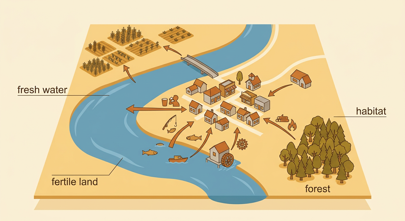 A riverside community has homes, farms, trees, boats, and a nearby wildlife area.