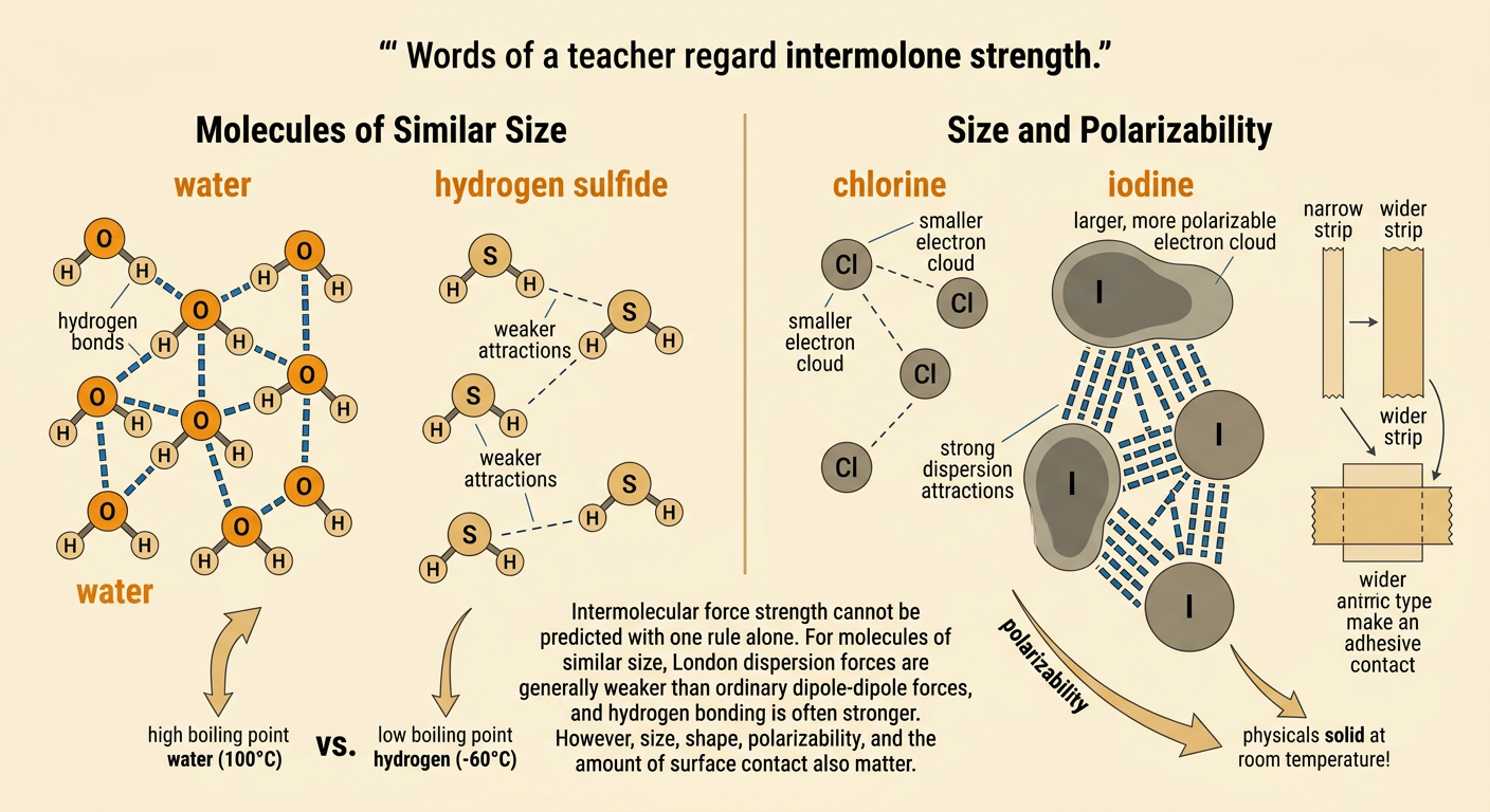 A comparison displays water, hydrogen sulfide, and iodine with their structures and physical states or boiling points.