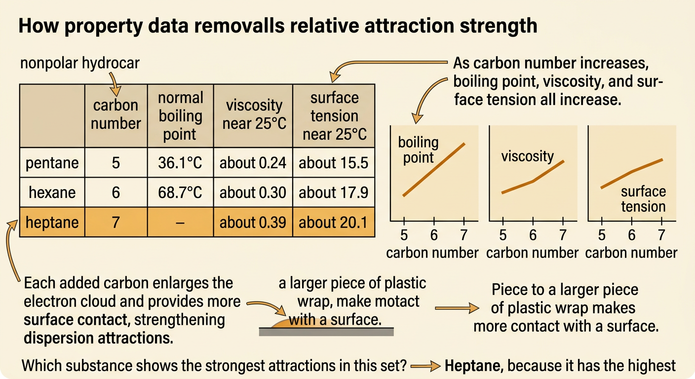 A three-line graph shows boiling point, viscosity, and surface tension increasing from pentane through heptane.