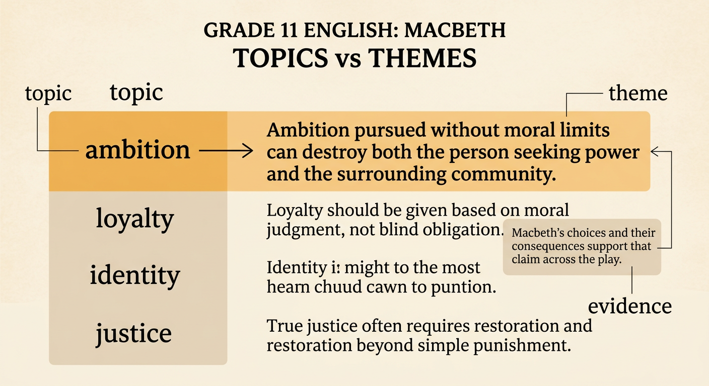 A diagram contrasts ambition as a broad subject with a supported claim about its destructive effects in Macbeth.