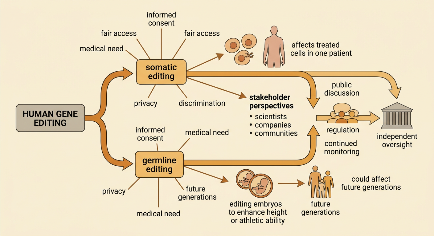 A balanced comparison shows somatic editing in one consenting patient and germline editing affecting future generations under public oversight.