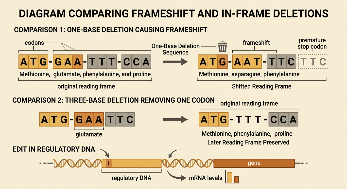 Two coding sequences show the original reading frame and a one-base deletion that creates a frameshift and altered codons.